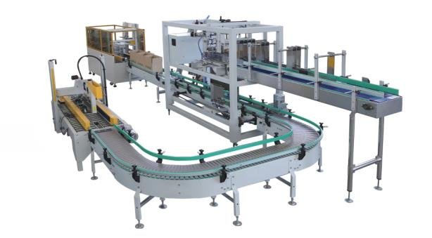 Drop-down case packer connected to bottle and case conveyors