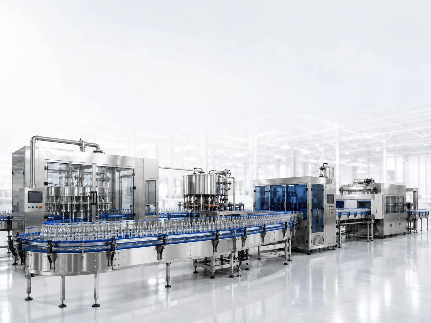 Catalog reference showing connected bottled-water equipment and curved bottle conveyors