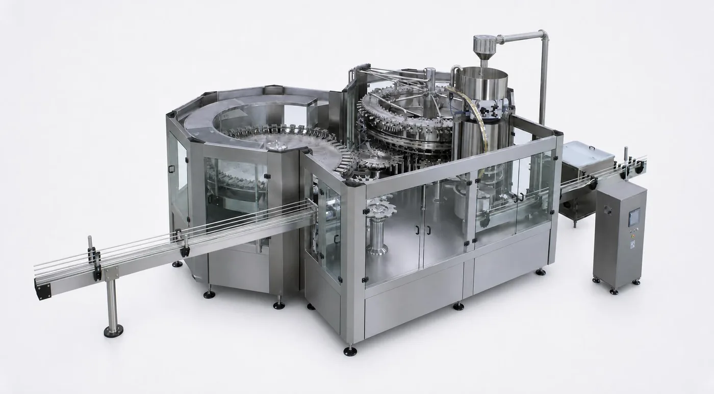 Catalog reference showing an enclosed rinsing-filling-capping machine with bottle conveyors