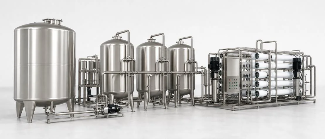 Catalog reference showing stainless-steel tanks, vessels and a membrane treatment skid